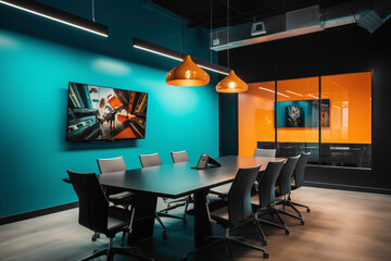 A modern meeting room with a mix of bright orange and teal walls, sleek black furniture, and a large digital screen for interactive presentations.