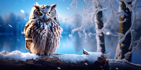 great horned owl in the snow winter  scene digital  art character with blue snowy background