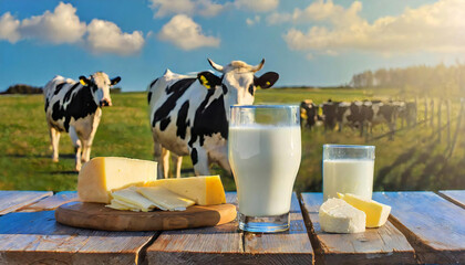 ホルスタイン牛のいる牧場。牛乳、チーズ、バナーの乳製品が並ぶイメージ素材。A farm with Holstein cows. Image material with milk, cheese, banner dairy products lined up. - obrazy, fototapety, plakaty