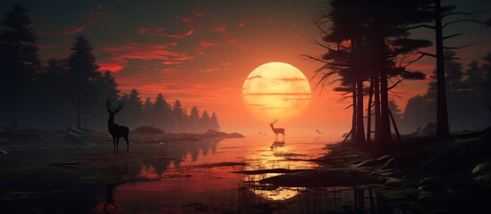 silhouette Sunlit red deer - obrazy, fototapety, plakaty