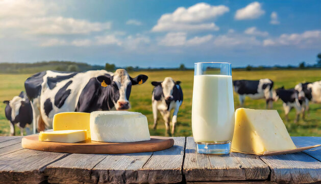 ホルスタイン牛のいる牧場。牛乳、チーズ、バナーの乳製品が並ぶイメージ素材。A farm with Holstein cows. Image material with milk, cheese, banner dairy products lined up.