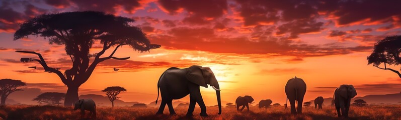African savannah with elephants at sunset - panoramic view. - obrazy, fototapety, plakaty