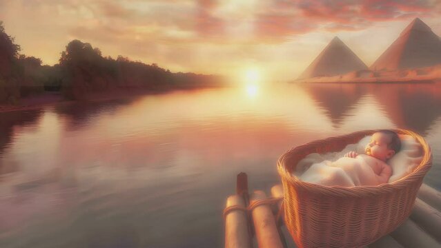 Illustration of the baby Moses in a basket by the river near the pyramid