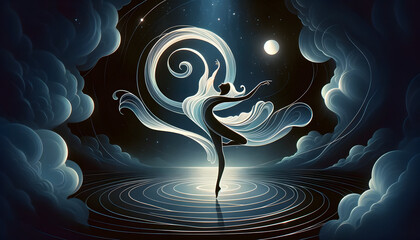 In captivating minimalist line art, a figure resembling a woman is crafted from pearlescent water, dancing gracefully in a spiral under the night sky