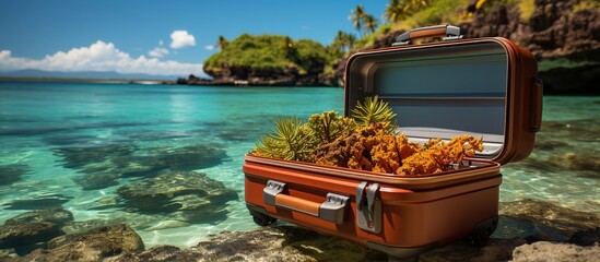 Travel suitcase on a tropical beach with palm trees and turquoise sea
