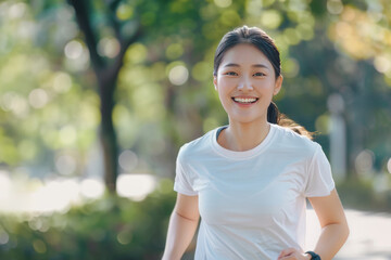 自然の中で笑顔でランニング・ジョギング・運動をする日本人女性