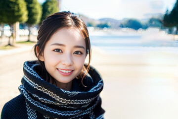 冬のデートでマフラーを巻いて笑顔でカメラ目線の日本人女性(モデル美女) - obrazy, fototapety, plakaty