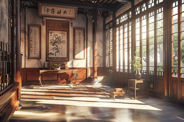 Interior of antique chinese traditional house  - obrazy, fototapety, plakaty