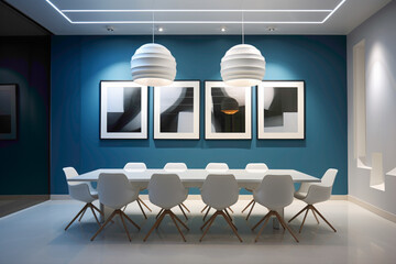 A modern meeting room with a blend of minimalism and functionality. The pristine white empty frame on the wall invites creativity and customization.