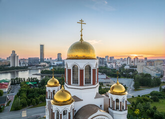 Summer Yekaterinburg and Temple on Blood in beautiful clear sunset.. Aerial view of Yekaterinburg,...