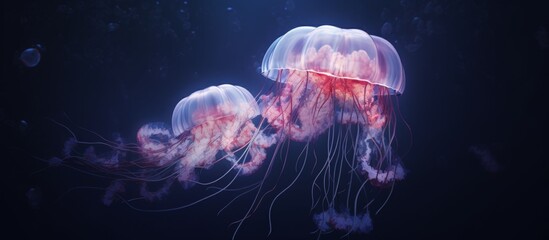 Naklejka premium A group of marine invertebrates known as jellyfish, with their bioluminescent bodies emitting electric blue and magenta hues, swim gracefully in the dark underwater world