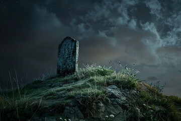 A tombstone on a hill at night --ar 3:2 Job ID: ea819d66-4c59-41dc-865f-bdb826504ecf - obrazy, fototapety, plakaty