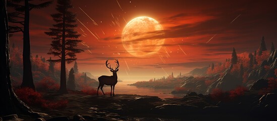silhouette Sunlit red deer - obrazy, fototapety, plakaty
