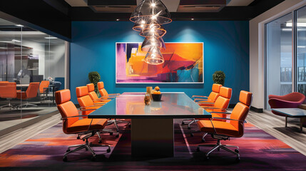A modern meeting area with a blend of glass and metal elements, accentuated by vibrant pops of...