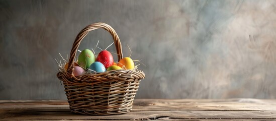 Easter egg basket displayed on a wooden table with a neutral backdrop and space for text. - Powered by Adobe