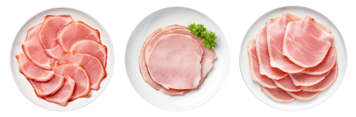 Three plates with slices of ham on the white plate isolated on transparent background, top view