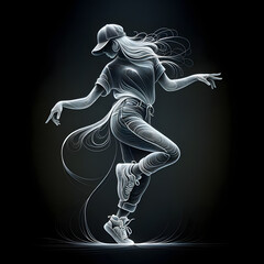 In captivating minimalist line art, a figure resembling a street dancer is depicted. She is adorned in a casual ensemble a side cap