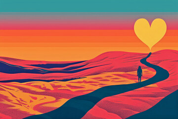 woman walking down a path towards heart shaped sunset, confident woman going forward with her life goals illustration - obrazy, fototapety, plakaty