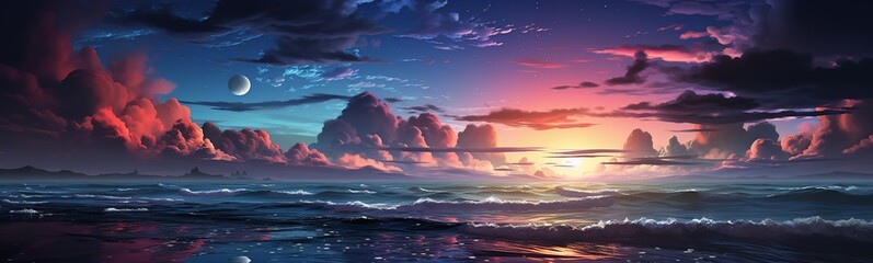 Panorama of beautiful sunset over the ocean with waves crashing on the rocks - obrazy, fototapety, plakaty