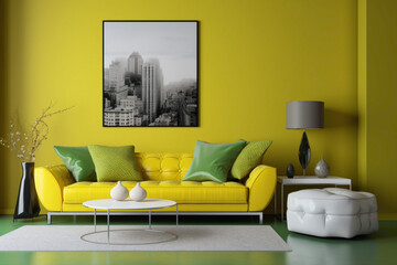 A modern living room in bright chartreuse shades, featuring a blank white frame against a backdrop of sleek, contemporary design elements.