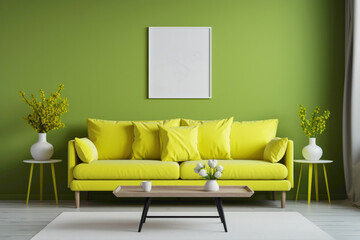 A modern living room in bright chartreuse shades, featuring a blank white frame against a backdrop of sleek, contemporary design elements.