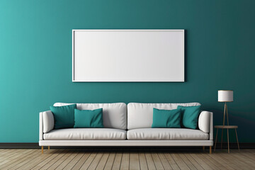 A modern living room bathed in vibrant teal hues, showcasing a white empty frame against sleek, minimalist design elements.
