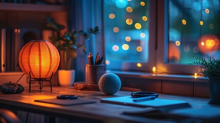 Atmospheric setting showing a latenight work session with a softly lit desk organizer, a fidget spinner at rest, a stress ball ready for action, and a watch marking the passage of time , vibrant color - obrazy, fototapety, plakaty