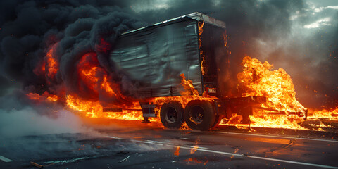 Truck trailer disaster with burning wheels from over heated brakes - obrazy, fototapety, plakaty