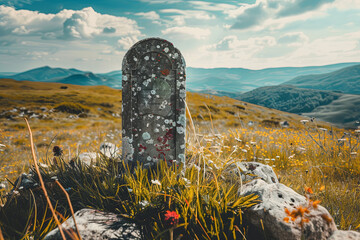 A tombstone on a hill --ar 3:2 Job ID: bfa4ec2a-82d8-468f-92e0-585513260b20 - obrazy, fototapety, plakaty