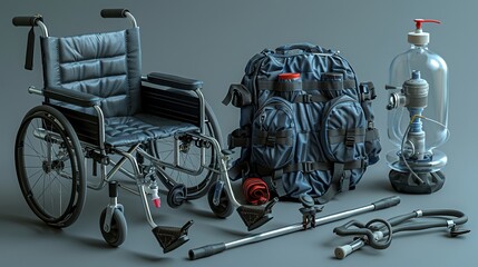 Detailed still life of an oxygen mask and nasal cannula set beside a folded wheelchair and a pair of crutches, showcasing mobility and respiratory support , 3DCG - obrazy, fototapety, plakaty