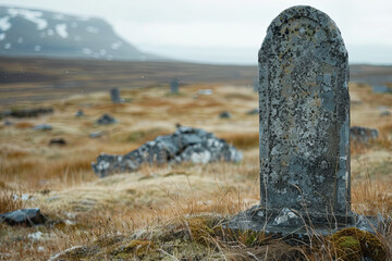 A tombstone on a hill --ar 3:2 Job ID: a052554c-18c7-4e34-b690-3c1161d25fc9