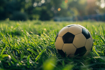 A lone football rests on a field of neatly trimmed grass, bathed in warm afternoon sunlight. The background blurs, creating a sense of focus on the ball.