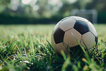 Football on field. Grass is short, sun is out, background fuzzy.