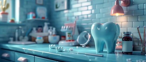 Hyperrealistic rendering of a dental drill and mirror in action, with a tongue depressor and dental floss ready for use, emphasizing dental hygiene , 3DCG - obrazy, fototapety, plakaty