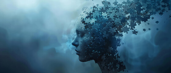 3D human head silhouette, internal and external puzzle pieces floating, mental concept