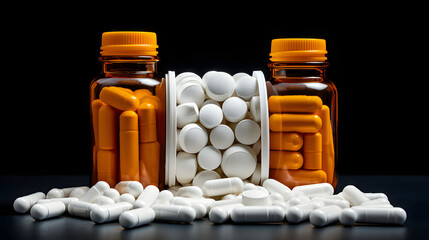 set of different medical capsules with vitamins and medicines in jars. pharmacology and medicine