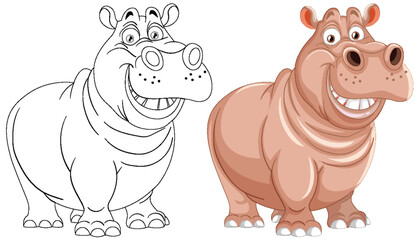 Colorful and outlined hippopotamus cartoon characters