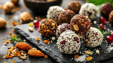 Healthy energy balls made of dried fruits and nuts healthy food. - obrazy, fototapety, plakaty