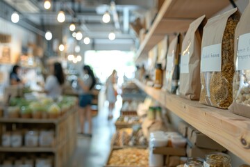 Blurred foreground of interior in zero waste shop. Customers buying dry goods and bulk products in plastic free grocery store.
