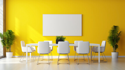 A modern conference room bathed in bright yellow tones, emphasizing a pristine white empty frame as the focal point.