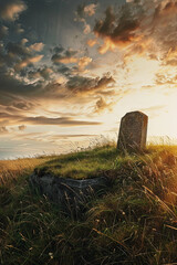 A tombstone on a hill --ar 2:3 Job ID: ab89aa63-4afd-4292-a08b-cb469ff9aa78