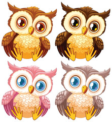 Four cute illustrated owls with expressive eyes