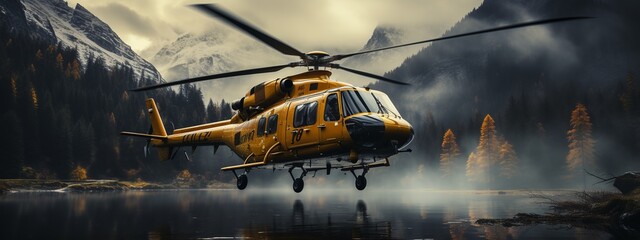 Helicopter flying in the mountains. - obrazy, fototapety, plakaty