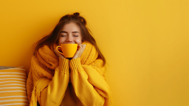 full length Happy young woman drinking a cup of tea in an autumn morning. Dreaming girl sitting in living room with cup of hot coffee enjoying under blanket with closed eyes on yellow background.