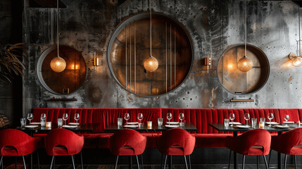 Elegant Restaurant Interior with Red Seating and Circular Mirrors