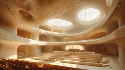 Modern Wooden Auditorium Interior with Circular Skylights - obrazy, fototapety, plakaty