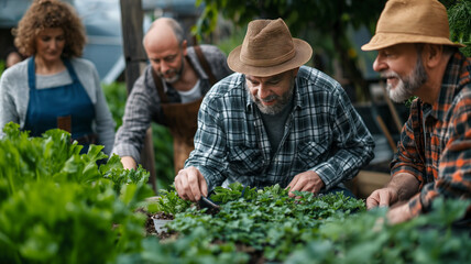 Senior gardeners inspecting plants closely in a community garden, immersed in greenery.