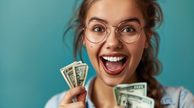 Young attractive beautiful female entrepreneur fund borrower crazy joyful ecstatic face gesture hand yes feeling amazed in peer to peer P2P lending finance or crowdfunding network microfinance approve