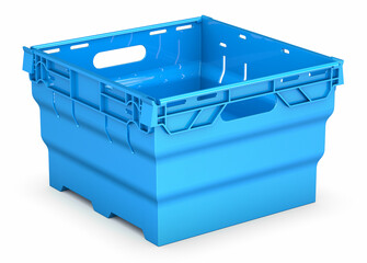 Empty blue plastic crate isolated over white background. 3D rendering
