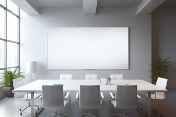 A modern conference room ambiance with a bright, empty white frame on the wall, adding a touch of sophistication to the setting.